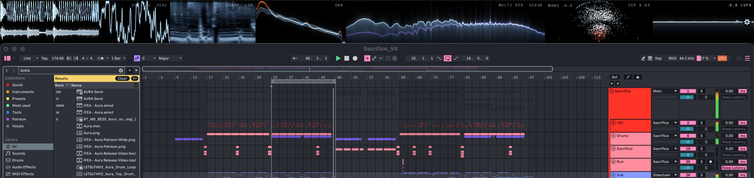 AURA docked along the top of the screen, above an open DAW project