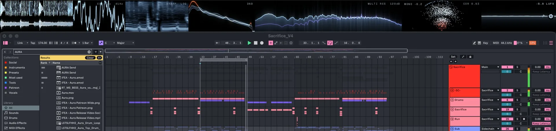 AURA docked along the top of the screen, above an open DAW project